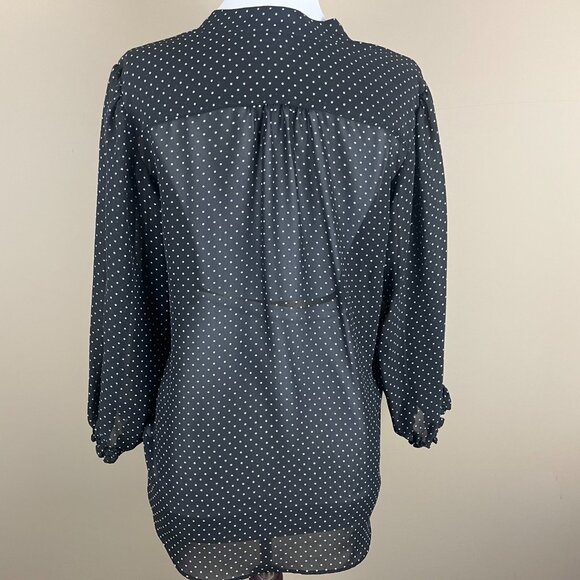 Chaps 3/4 Sleeve Blouse Size M Black White, Polka Dot Print, V-neck with Tie - Picture 5 of 8